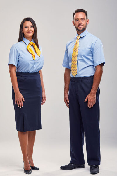 Product: blue female and male uniform.