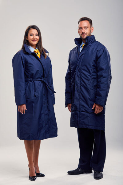 Product: blue female and male coats.